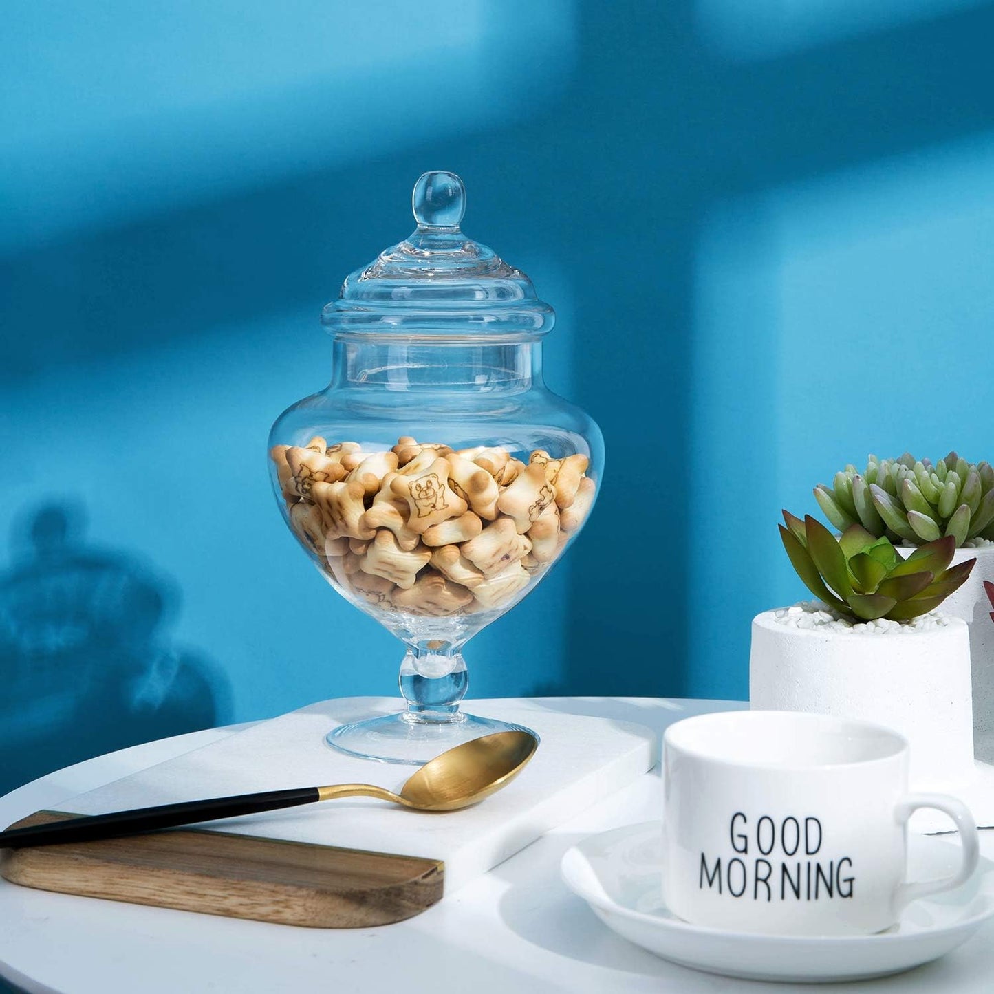 European Style Glass Apothecary Jar with Lid – 9" Tall Pedestal Clear Candy Jar for Weddings, Home Decor, or Bathroom Storage