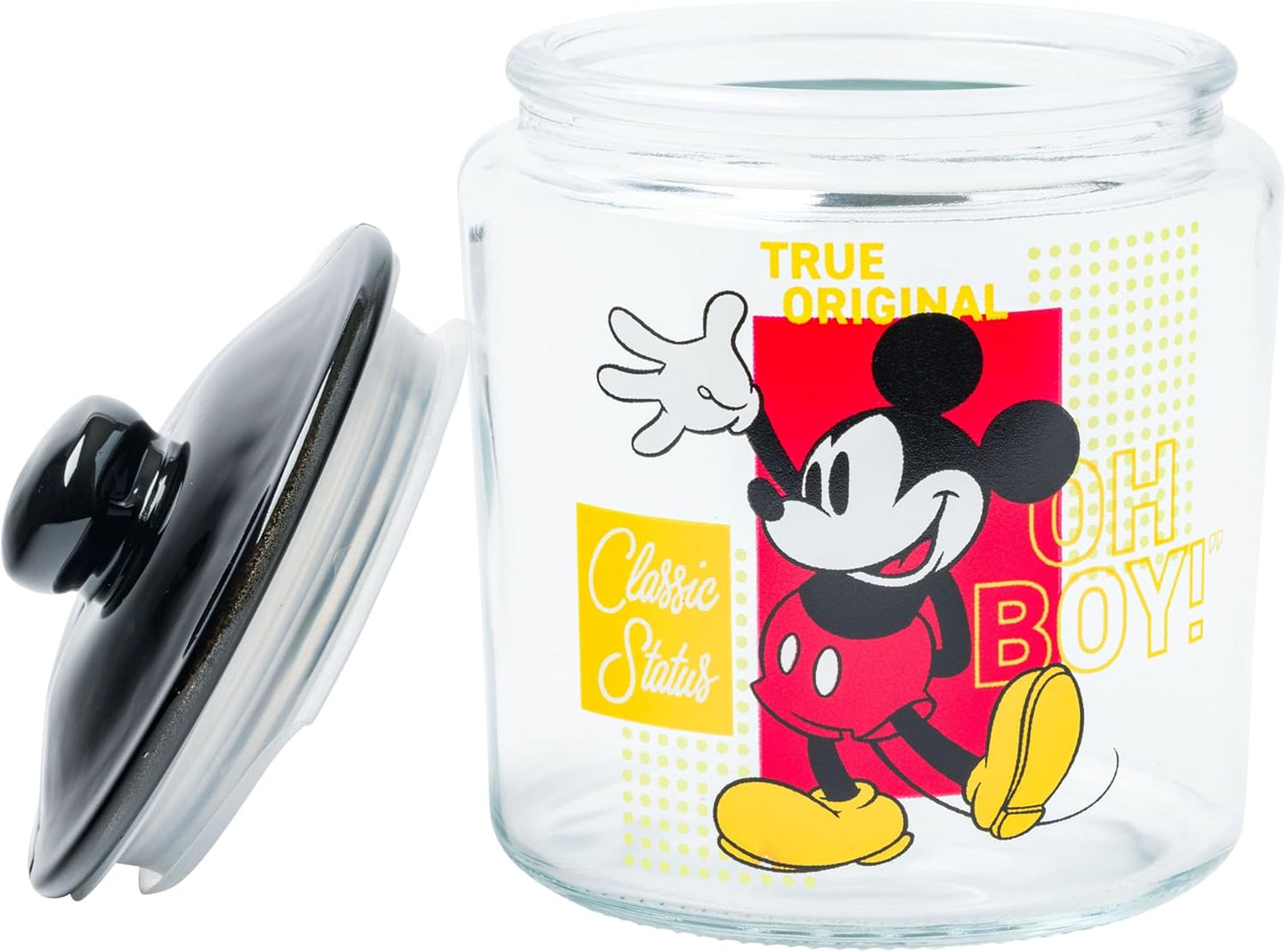 Vintage Mickey Mouse Printed Glass Storage Jar with Lid – Cartoon Candy Jar, Snack Container, Decorative Organizer