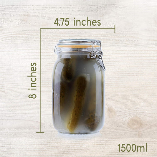1500ml Glass Jar with Airtight Clamp Lid – Clear Fermentation & Pickle Storage Container – Leakproof Glass Food Canister for Jam, Sauerkraut, Grains, Tea & More