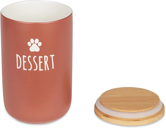 Ceramic Food Storage Jar with Bamboo Lid – Cute "DESSERT" Paw Print Canister for Pet Treats, Snacks, Coffee or Tea