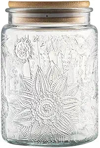 700ml Embossed Glass Storage Jar with Bamboo Lid – Airtight Food Container for Coffee, Tea, Candy, Dry Goods, Spices & More