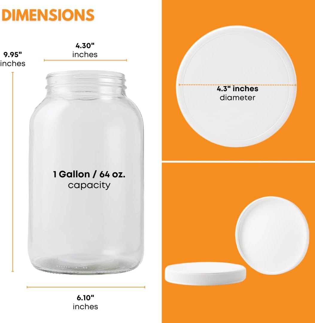 1 Gallon Glass Storage Jar with Screw-On Lid – 64 oz Clear Wide Mouth Glass Container for Pickling, Fermenting, Brewing, Dry Food, Honey & More