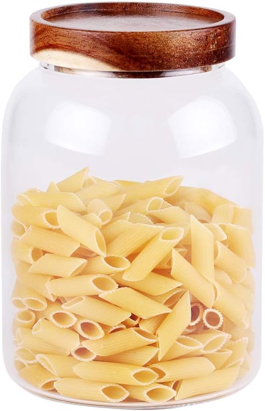 Large 1250ml Glass Storage Jar with Wooden Airtight Lid｜Sealed Canister for Pasta, Grains, Snacks & Pantry Organization