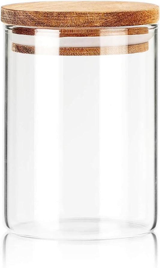 300ml Clear Glass Storage Jar with Wooden Airtight Lid｜Minimalist Sealed Canister for Bathroom, Kitchen & Vanity