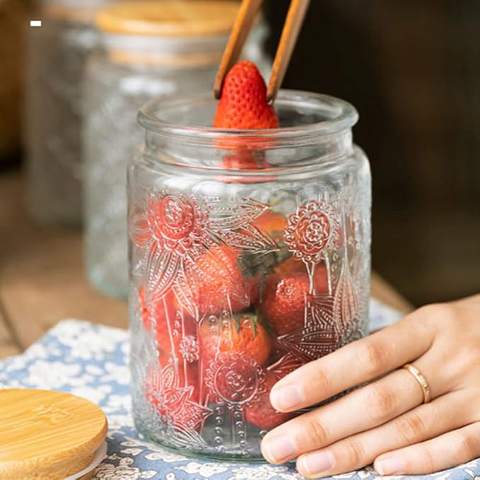 700ml Embossed Glass Storage Jar with Bamboo Lid – Airtight Food Container for Coffee, Tea, Candy, Dry Goods, Spices & More