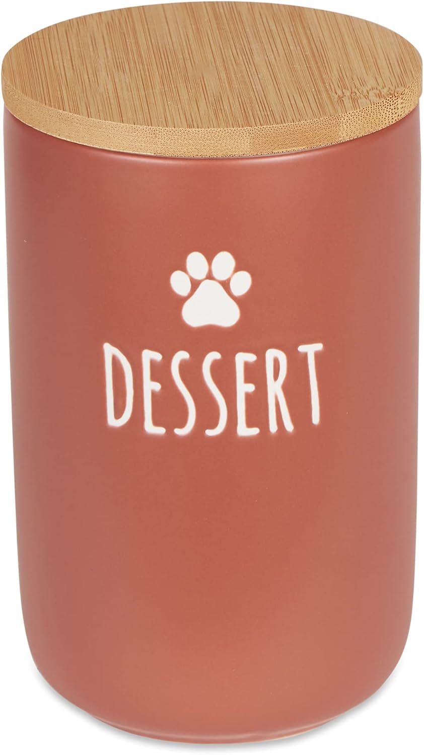 Ceramic Food Storage Jar with Bamboo Lid – Cute "DESSERT" Paw Print Canister for Pet Treats, Snacks, Coffee or Tea
