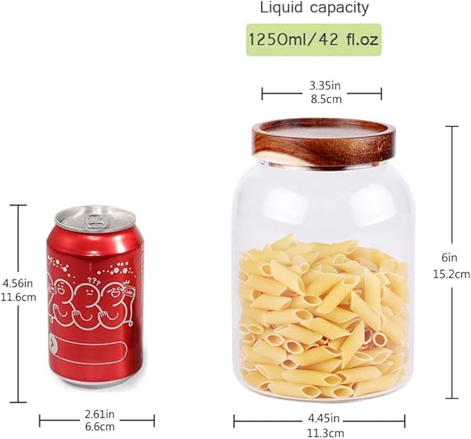 Large 1250ml Glass Storage Jar with Wooden Airtight Lid｜Sealed Canister for Pasta, Grains, Snacks & Pantry Organization