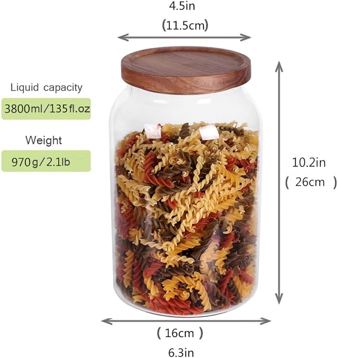 3800ml Large Glass Storage Jar with Wooden Lid – Airtight Food Container for Pasta, Coffee, Cereal, Snacks & Dry Goods