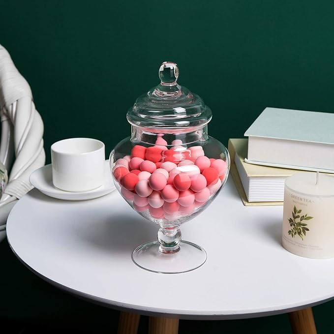 European Style Glass Apothecary Jar with Lid – 9" Tall Pedestal Clear Candy Jar for Weddings, Home Decor, or Bathroom Storage
