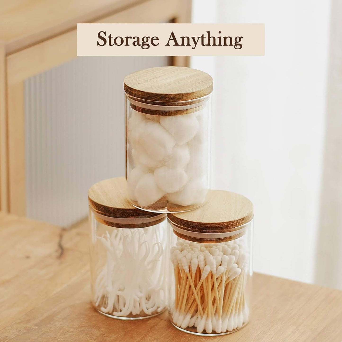 300ml Clear Glass Storage Jar with Wooden Airtight Lid｜Minimalist Sealed Canister for Bathroom, Kitchen & Vanity