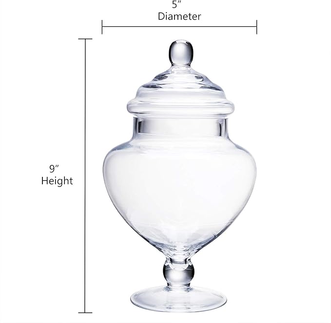 European Style Glass Apothecary Jar with Lid – 9" Tall Pedestal Clear Candy Jar for Weddings, Home Decor, or Bathroom Storage