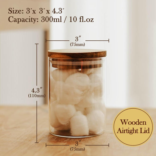 300ml Clear Glass Storage Jar with Wooden Airtight Lid｜Minimalist Sealed Canister for Bathroom, Kitchen & Vanity