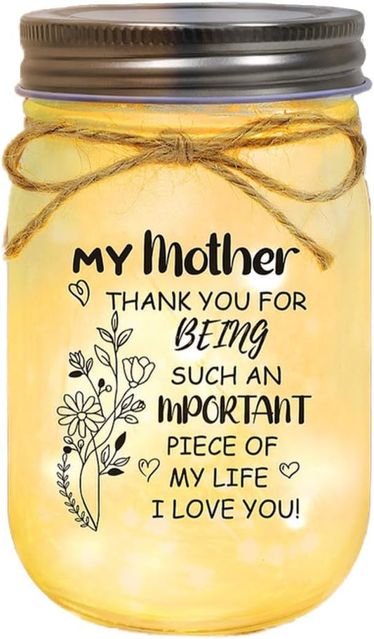 Mother’s Day Glass Jar Light with Warm LED String – Inspirational Quote Jar Gift for Mom – Decorative Frosted Night Light with Bow (4.7” Height)