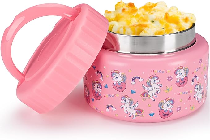 Kids Insulated Food Jar 8oz – Cute Pink Unicorn Thermos Container for Children – 304 Stainless Steel Thermal Lunch Jar with Handle, Leakproof Lid