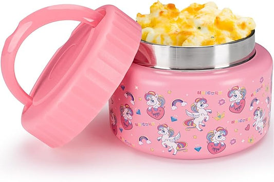 Kids Insulated Food Jar 8oz – Cute Pink Unicorn Thermos Container for Children – 304 Stainless Steel Thermal Lunch Jar with Handle, Leakproof Lid
