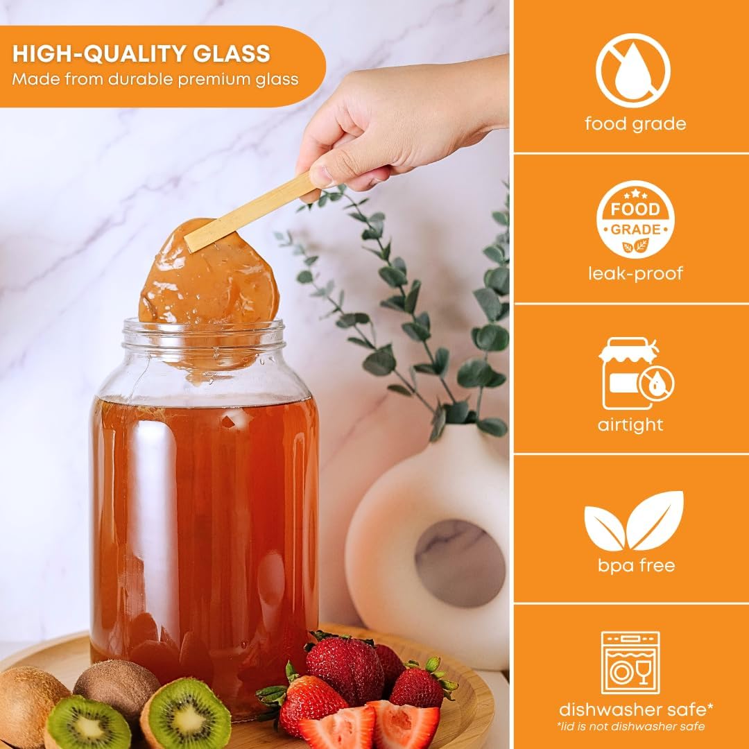 1 Gallon Glass Storage Jar with Screw-On Lid – 64 oz Clear Wide Mouth Glass Container for Pickling, Fermenting, Brewing, Dry Food, Honey & More
