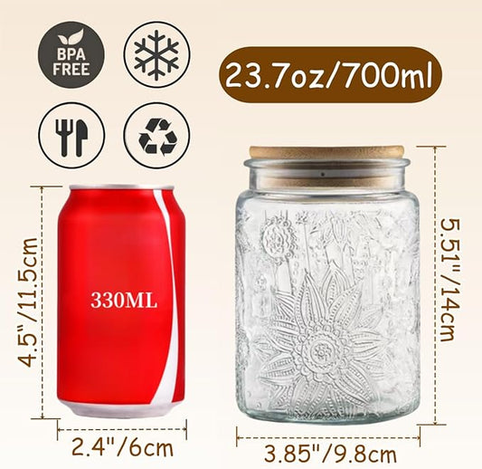 700ml Embossed Glass Storage Jar with Bamboo Lid – Airtight Food Container for Coffee, Tea, Candy, Dry Goods, Spices & More