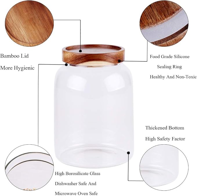 Large 1250ml Glass Storage Jar with Wooden Airtight Lid｜Sealed Canister for Pasta, Grains, Snacks & Pantry Organization