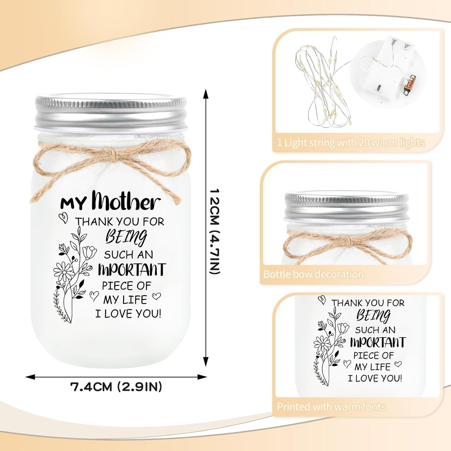 Mother’s Day Glass Jar Light with Warm LED String – Inspirational Quote Jar Gift for Mom – Decorative Frosted Night Light with Bow (4.7” Height)