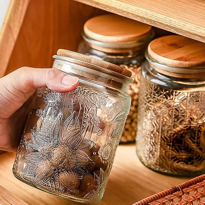 700ml Embossed Glass Storage Jar with Bamboo Lid – Airtight Food Container for Coffee, Tea, Candy, Dry Goods, Spices & More