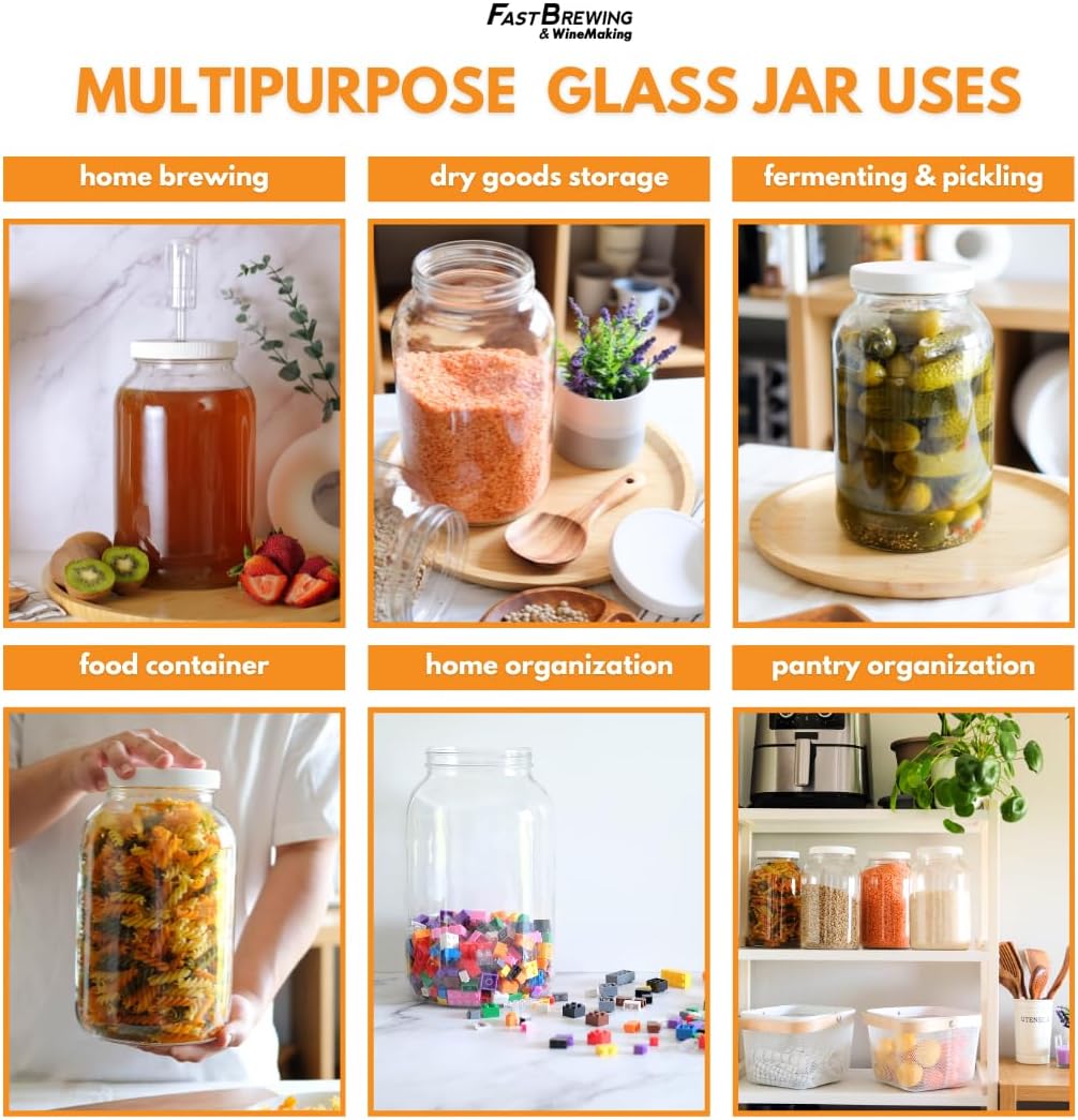 1 Gallon Glass Storage Jar with Screw-On Lid – 64 oz Clear Wide Mouth Glass Container for Pickling, Fermenting, Brewing, Dry Food, Honey & More