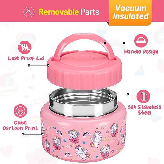 Kids Insulated Food Jar 8oz – Cute Pink Unicorn Thermos Container for Children – 304 Stainless Steel Thermal Lunch Jar with Handle, Leakproof Lid