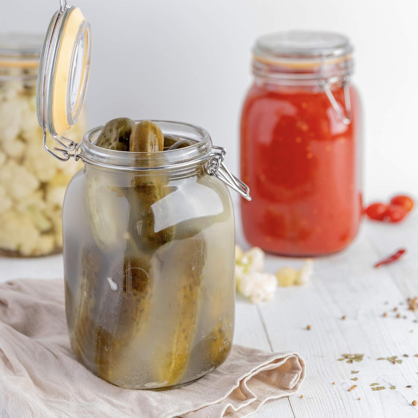 1500ml Glass Jar with Airtight Clamp Lid – Clear Fermentation & Pickle Storage Container – Leakproof Glass Food Canister for Jam, Sauerkraut, Grains, Tea & More