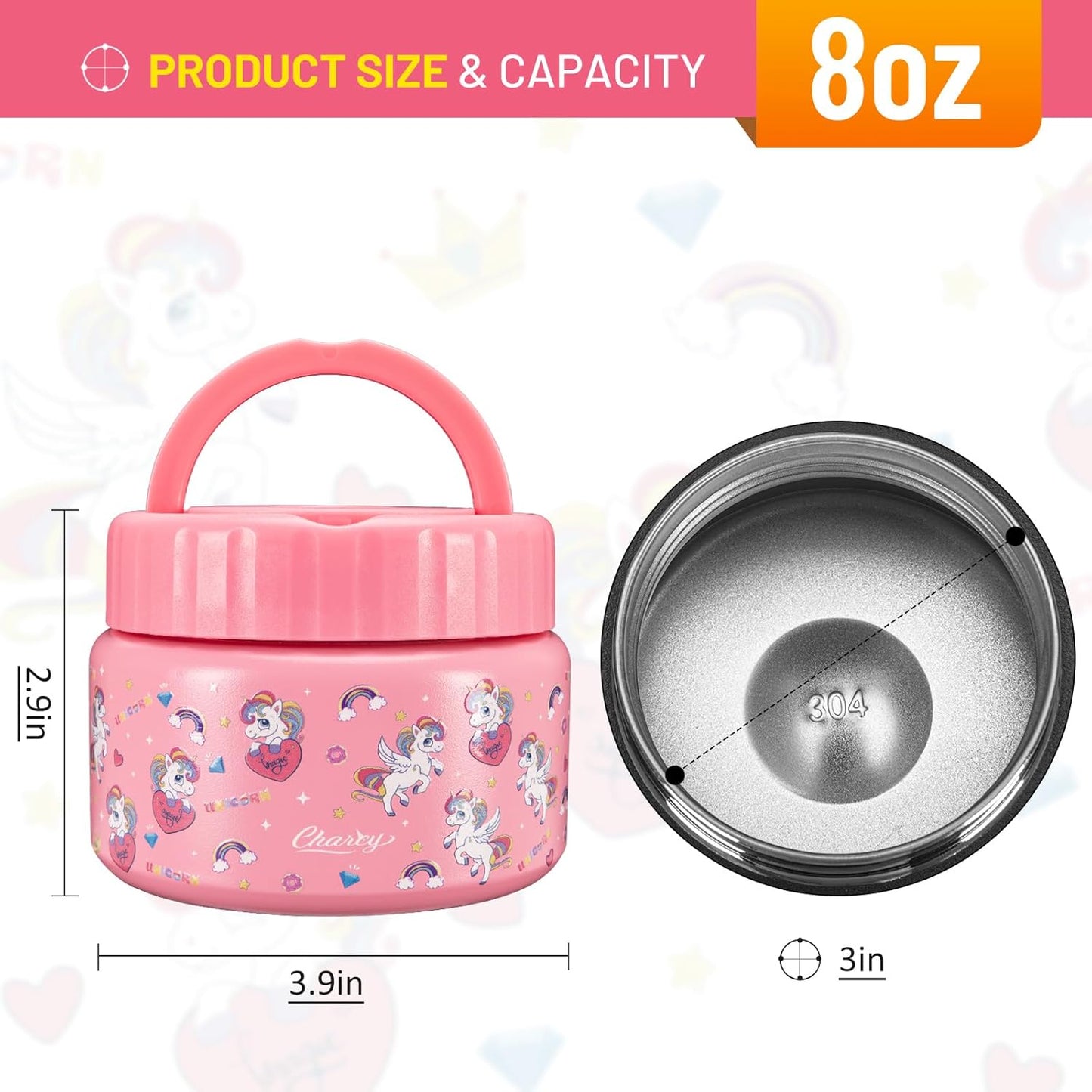 Kids Insulated Food Jar 8oz – Cute Pink Unicorn Thermos Container for Children – 304 Stainless Steel Thermal Lunch Jar with Handle, Leakproof Lid