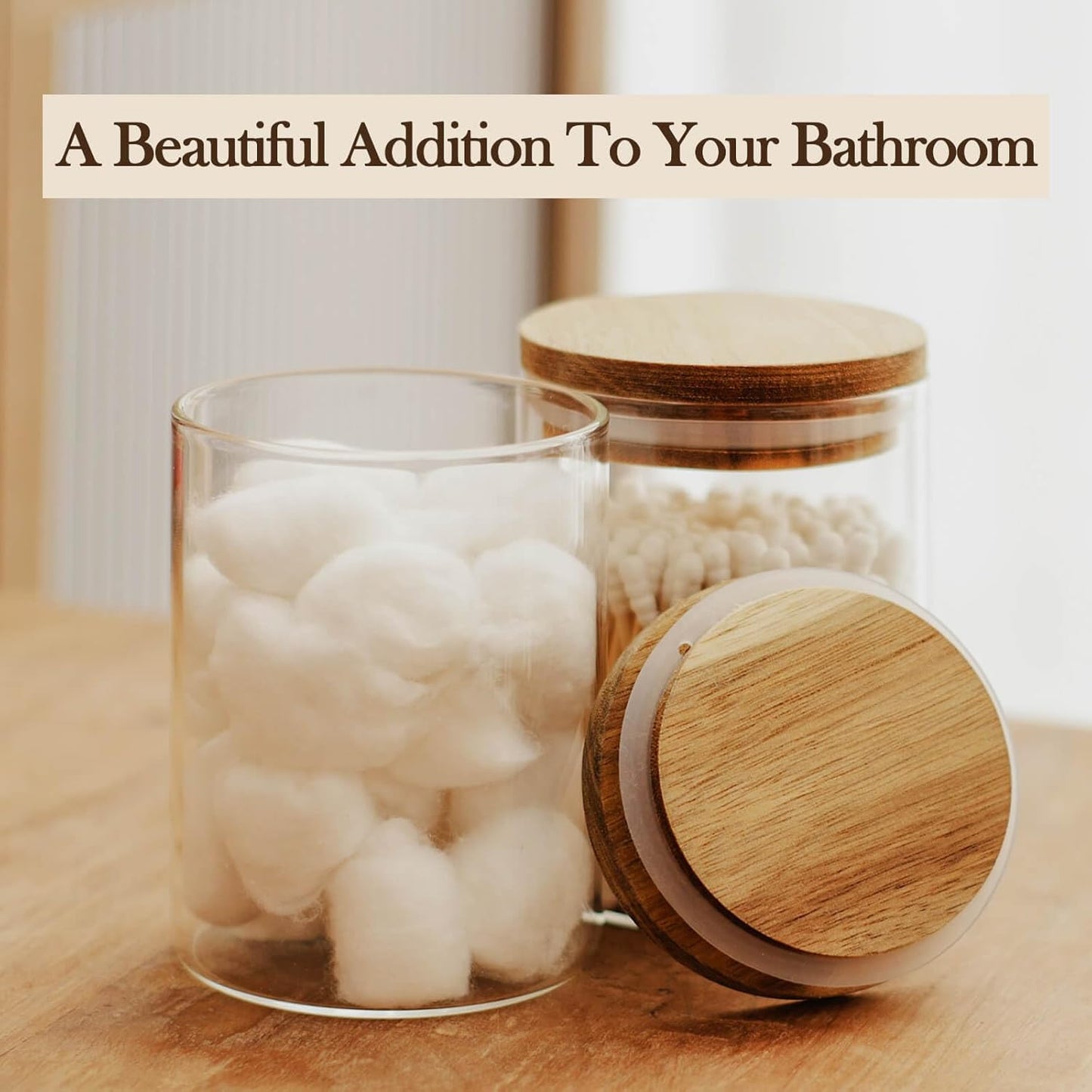 300ml Clear Glass Storage Jar with Wooden Airtight Lid｜Minimalist Sealed Canister for Bathroom, Kitchen & Vanity