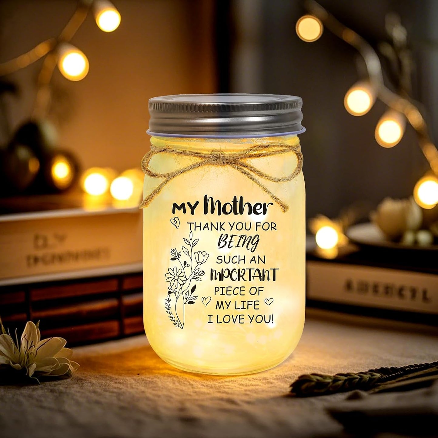Mother’s Day Glass Jar Light with Warm LED String – Inspirational Quote Jar Gift for Mom – Decorative Frosted Night Light with Bow (4.7” Height)