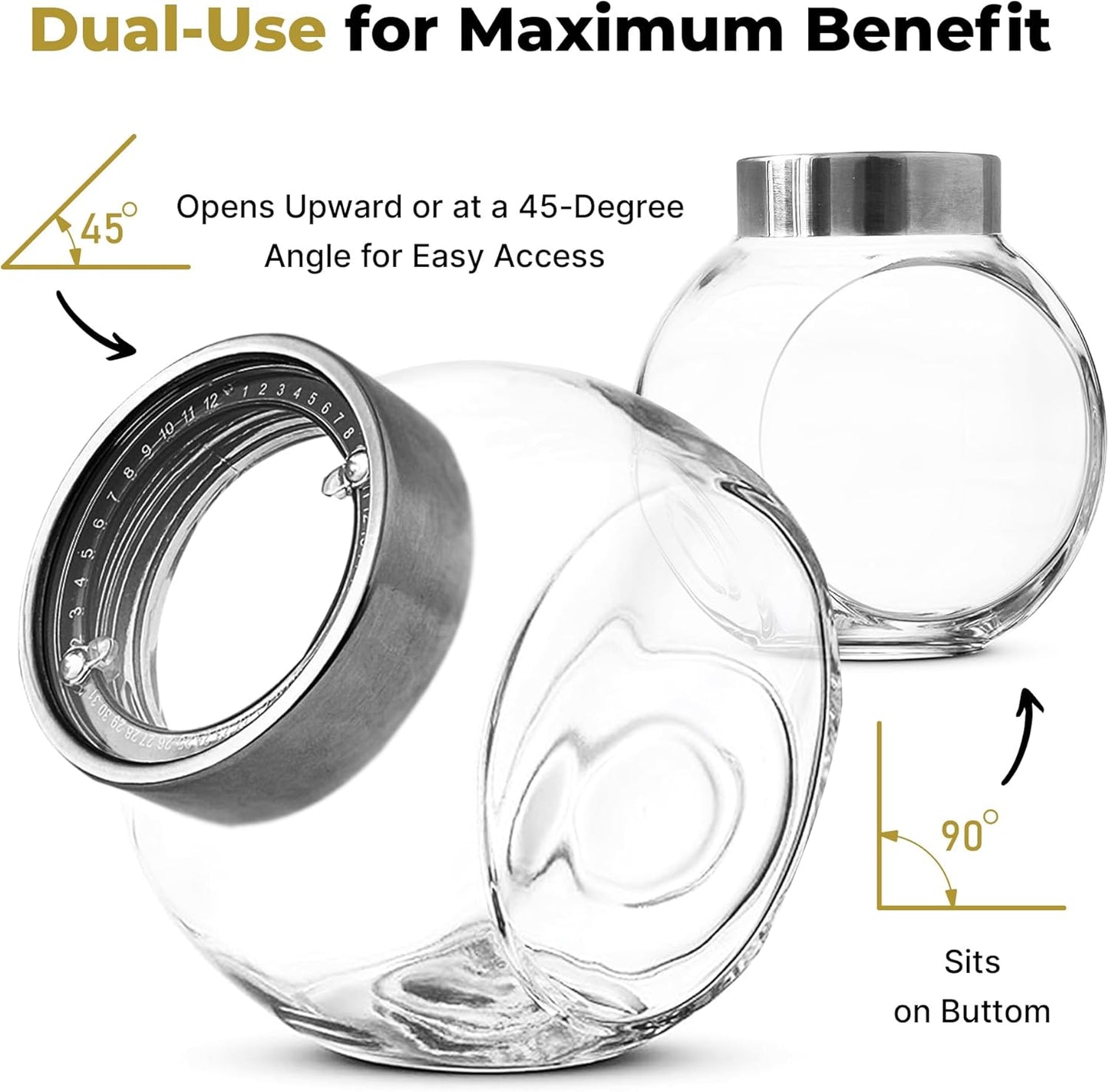 Dual-Angle Glass Storage Jar with Stainless Steel Lid｜45° Tilt or Upright Design｜Sealed Food Canister for Kitchen & Pantry