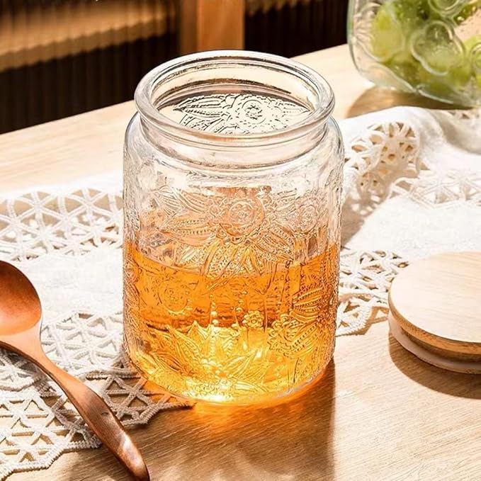 700ml Embossed Glass Storage Jar with Bamboo Lid – Airtight Food Container for Coffee, Tea, Candy, Dry Goods, Spices & More