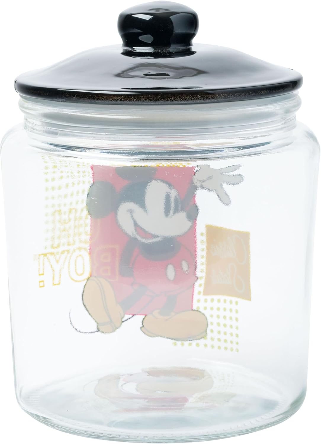 Vintage Mickey Mouse Printed Glass Storage Jar with Lid – Cartoon Candy Jar, Snack Container, Decorative Organizer