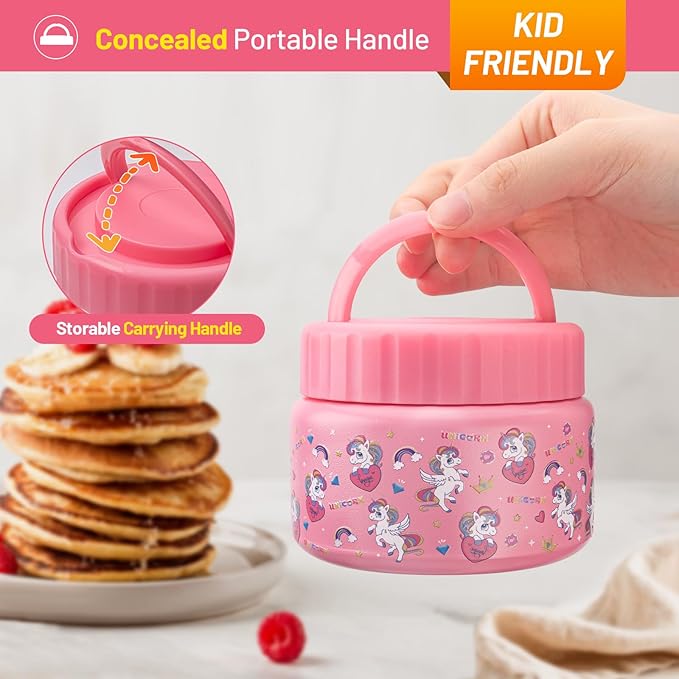 Kids Insulated Food Jar 8oz – Cute Pink Unicorn Thermos Container for Children – 304 Stainless Steel Thermal Lunch Jar with Handle, Leakproof Lid