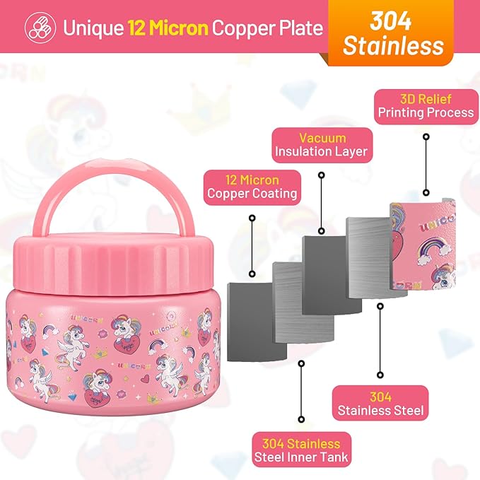 Kids Insulated Food Jar 8oz – Cute Pink Unicorn Thermos Container for Children – 304 Stainless Steel Thermal Lunch Jar with Handle, Leakproof Lid
