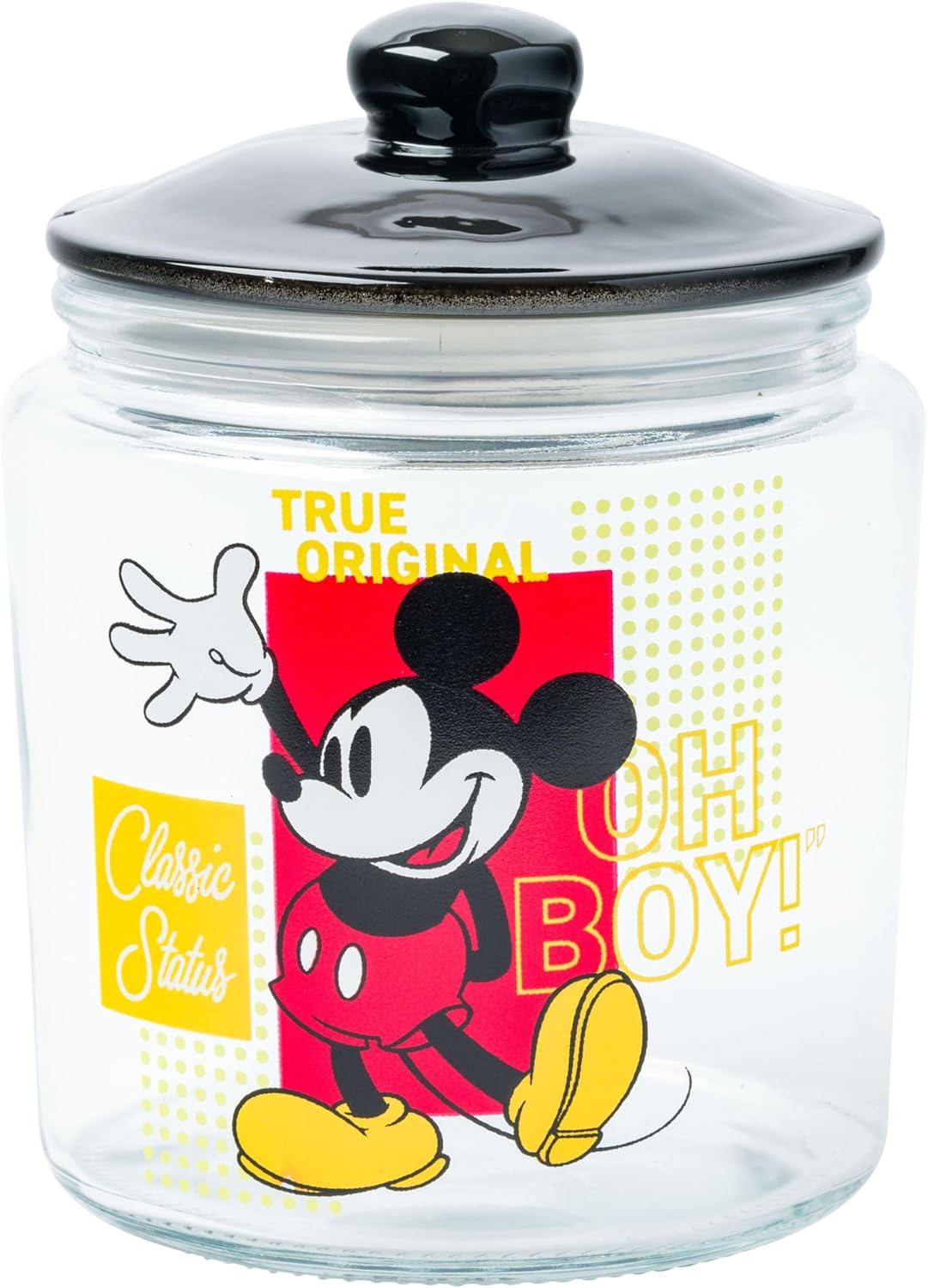 Vintage Mickey Mouse Printed Glass Storage Jar with Lid – Cartoon Candy Jar, Snack Container, Decorative Organizer